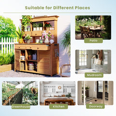 [Assembly Video Provided] TOPMAX 65.7'' H Tall Garden Potting Bench Table with Hutch,Patio Storage Workstation with 3 Shelves,6 Drawers,2 Bottom Cabinets&Side Hooks for Mudroom,Doorway, Natural