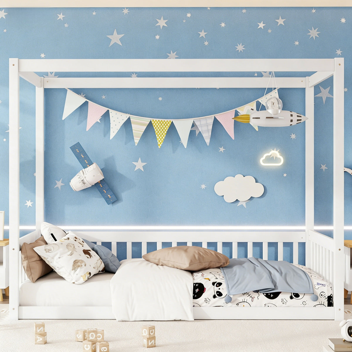 Twin Size Canopy Frame Floor Bed with Fence, Guardrails,White (Old Sku:W504P143278)