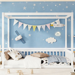Twin Size Canopy Frame Floor Bed with Fence, Guardrails,White (Old Sku:W504P143278)