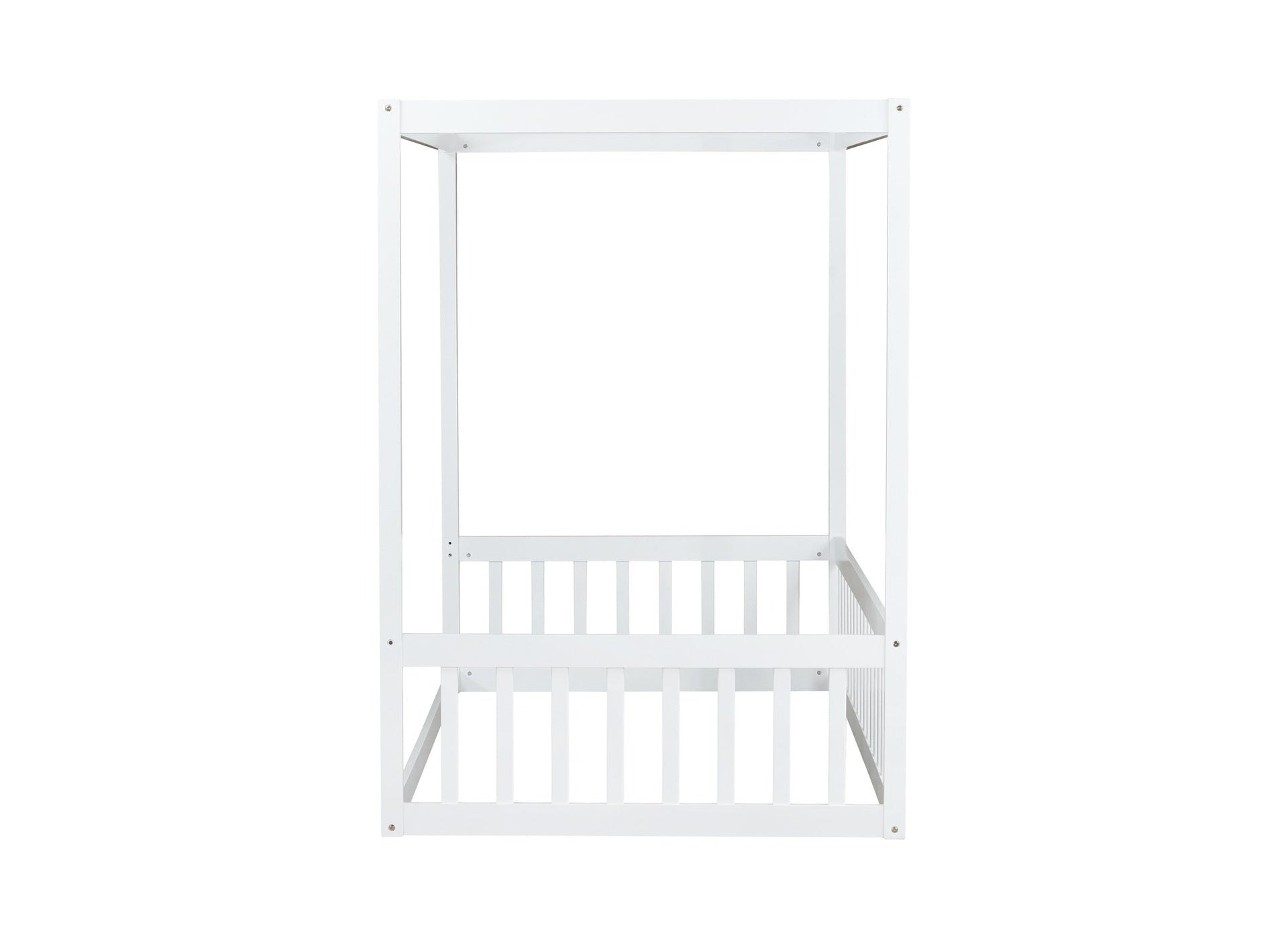 Twin Size Canopy Frame Floor Bed with Fence, Guardrails,White (Old Sku:W504P143278)