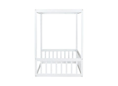 Twin Size Canopy Frame Floor Bed with Fence, Guardrails,White (Old Sku:W504P143278)