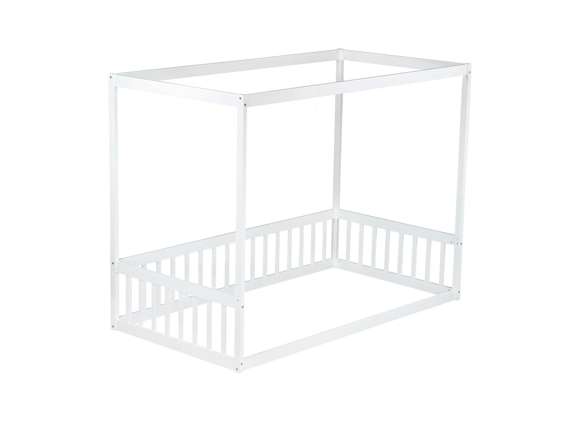Twin Size Canopy Frame Floor Bed with Fence, Guardrails,White (Old Sku:W504P143278)