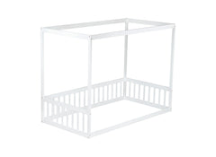 Twin Size Canopy Frame Floor Bed with Fence, Guardrails,White (Old Sku:W504P143278)