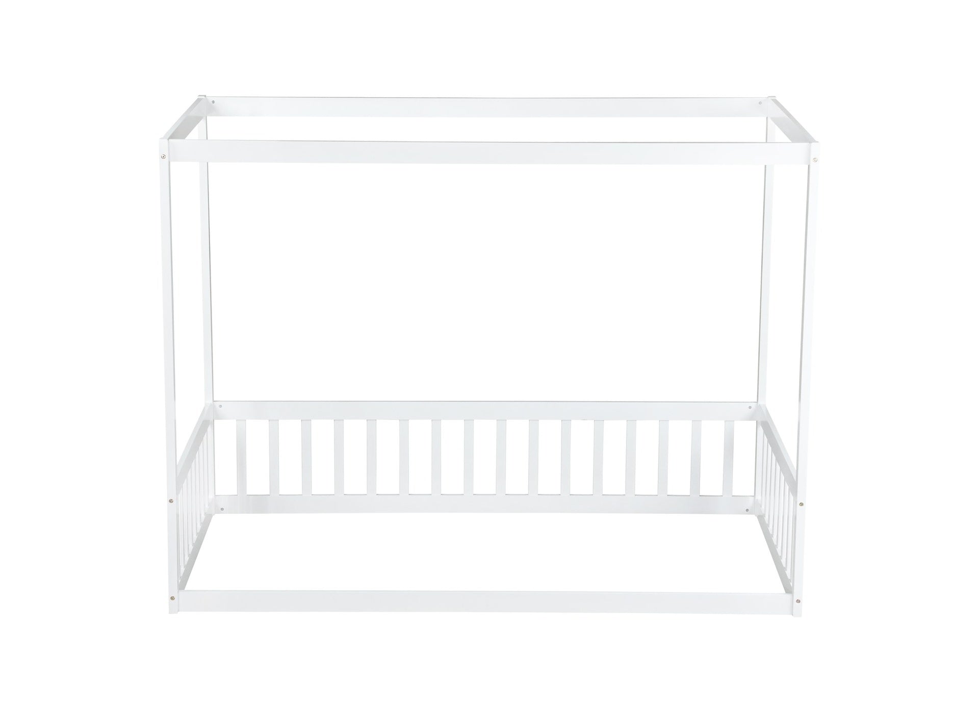 Twin Size Canopy Frame Floor Bed with Fence, Guardrails,White (Old Sku:W504P143278)