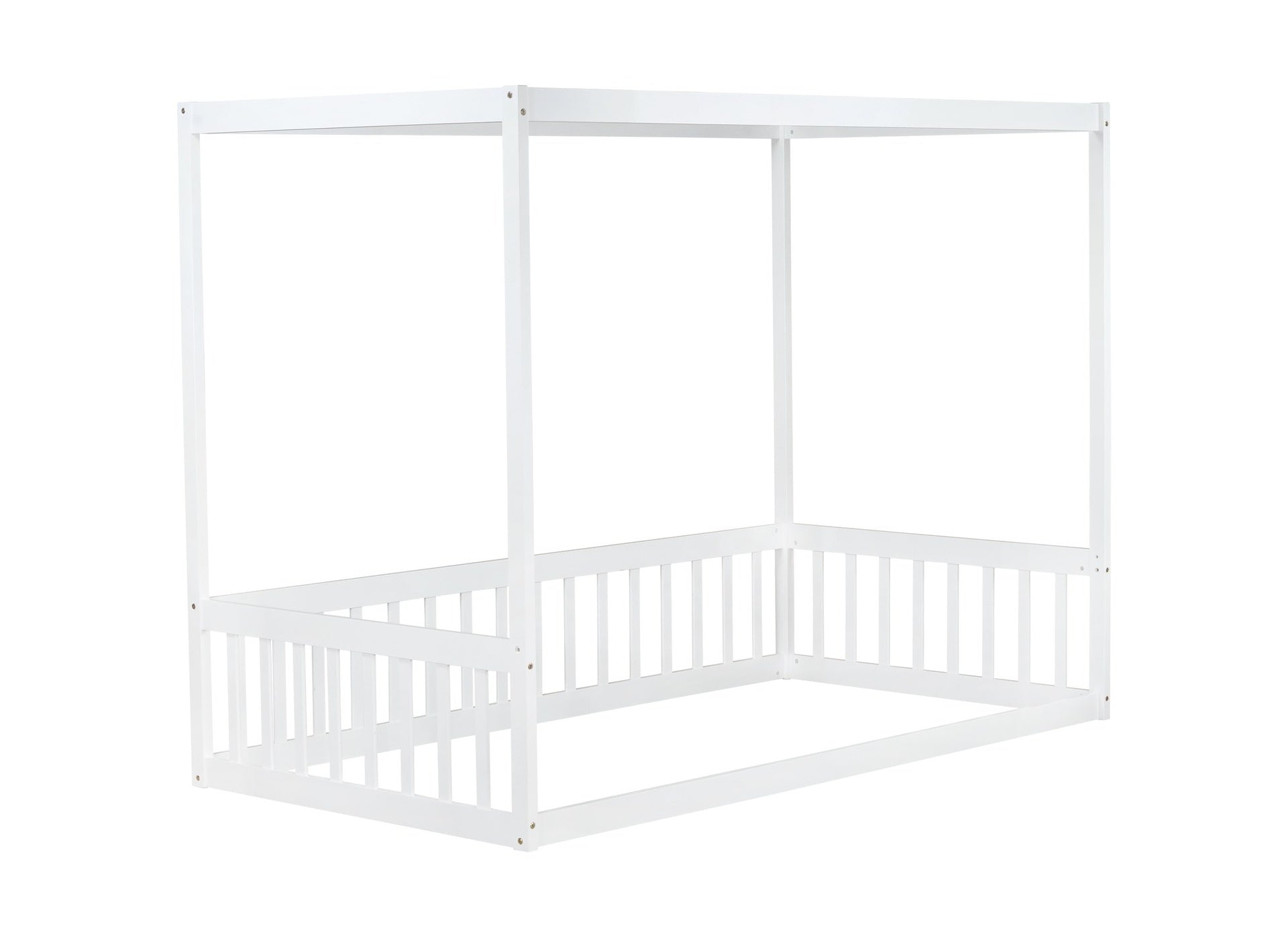 Twin Size Canopy Frame Floor Bed with Fence, Guardrails,White (Old Sku:W504P143278)
