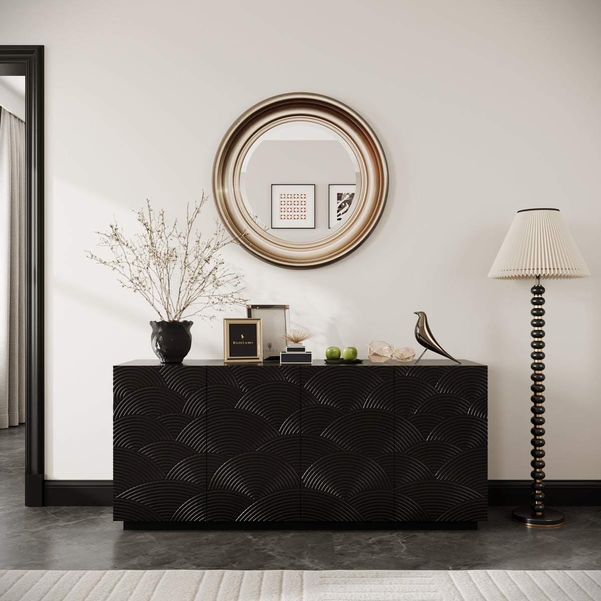 Sideboard Buffet Cabinet, 4 Doors Modern Accent Storage Sideboard, Luxurious Floor Cabinet Buffet with Freestanding Anti Dumping for Kitchen, Living Room, 59" Wide Rectangular Buffet Table(Black)