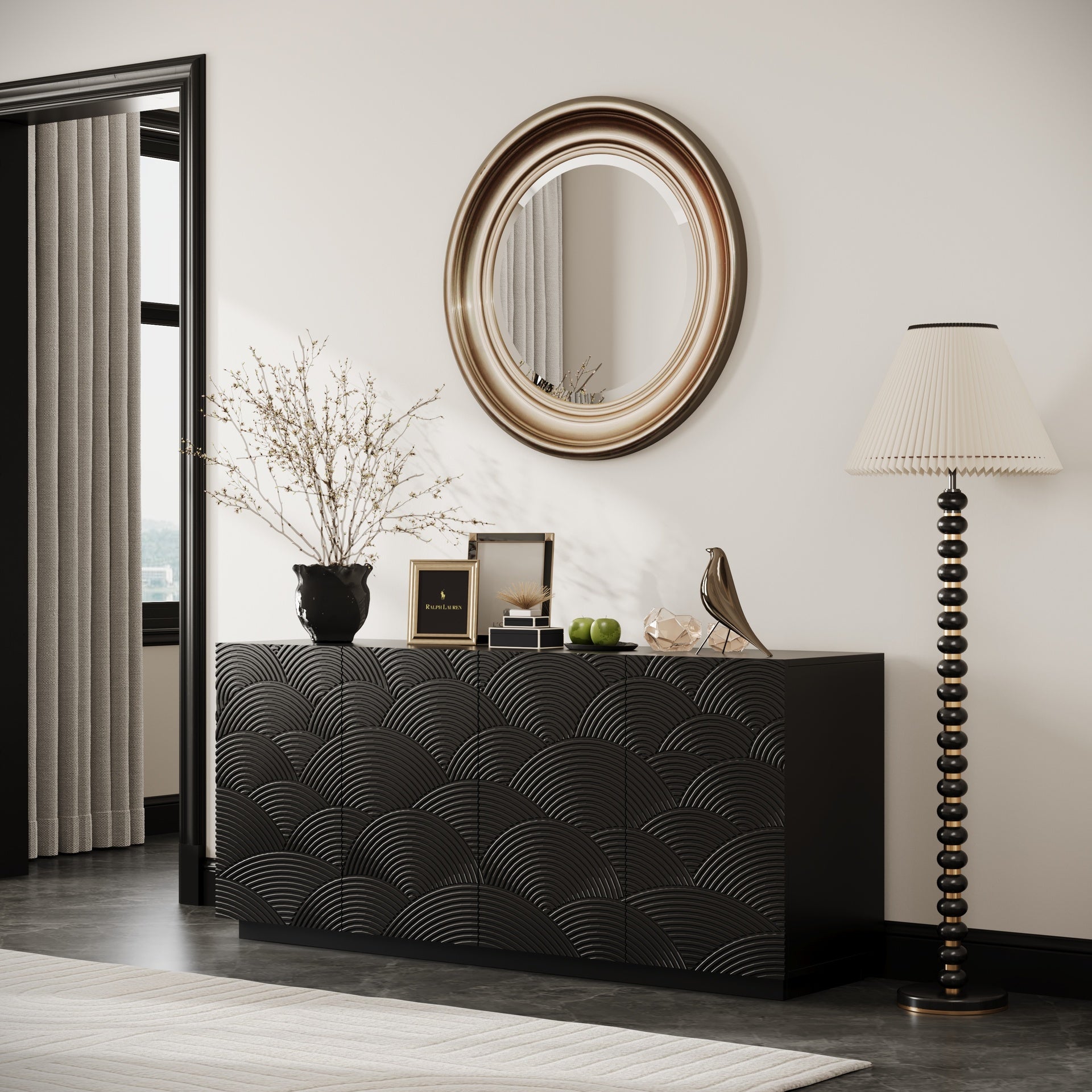 Sideboard Buffet Cabinet, 4 Doors Modern Accent Storage Sideboard, Luxurious Floor Cabinet Buffet with Freestanding Anti Dumping for Kitchen, Living Room, 59" Wide Rectangular Buffet Table(Black)