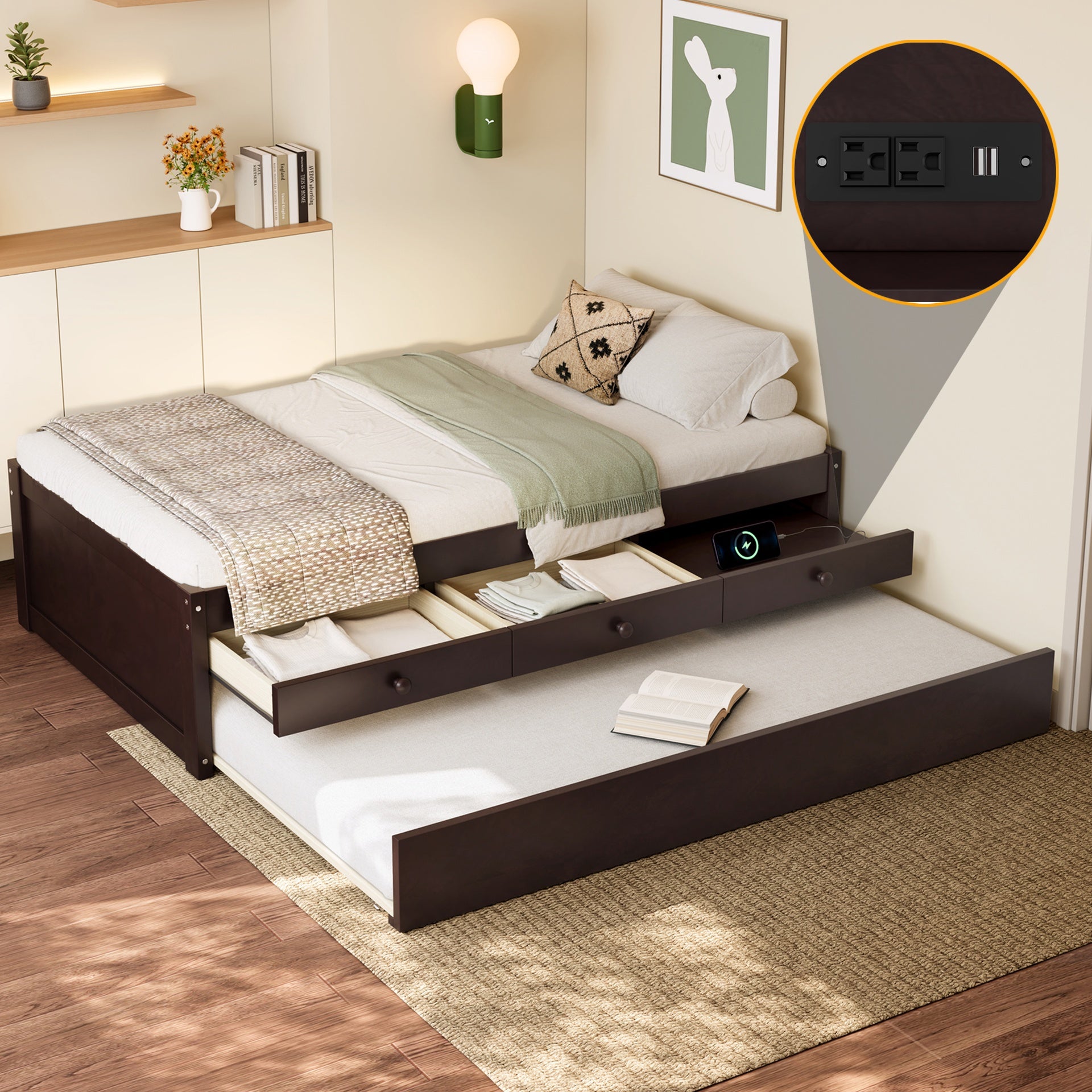 Twin Platform Bed with Trundle and 2 drawers,SolidWood Beds with Power strip,Espresso