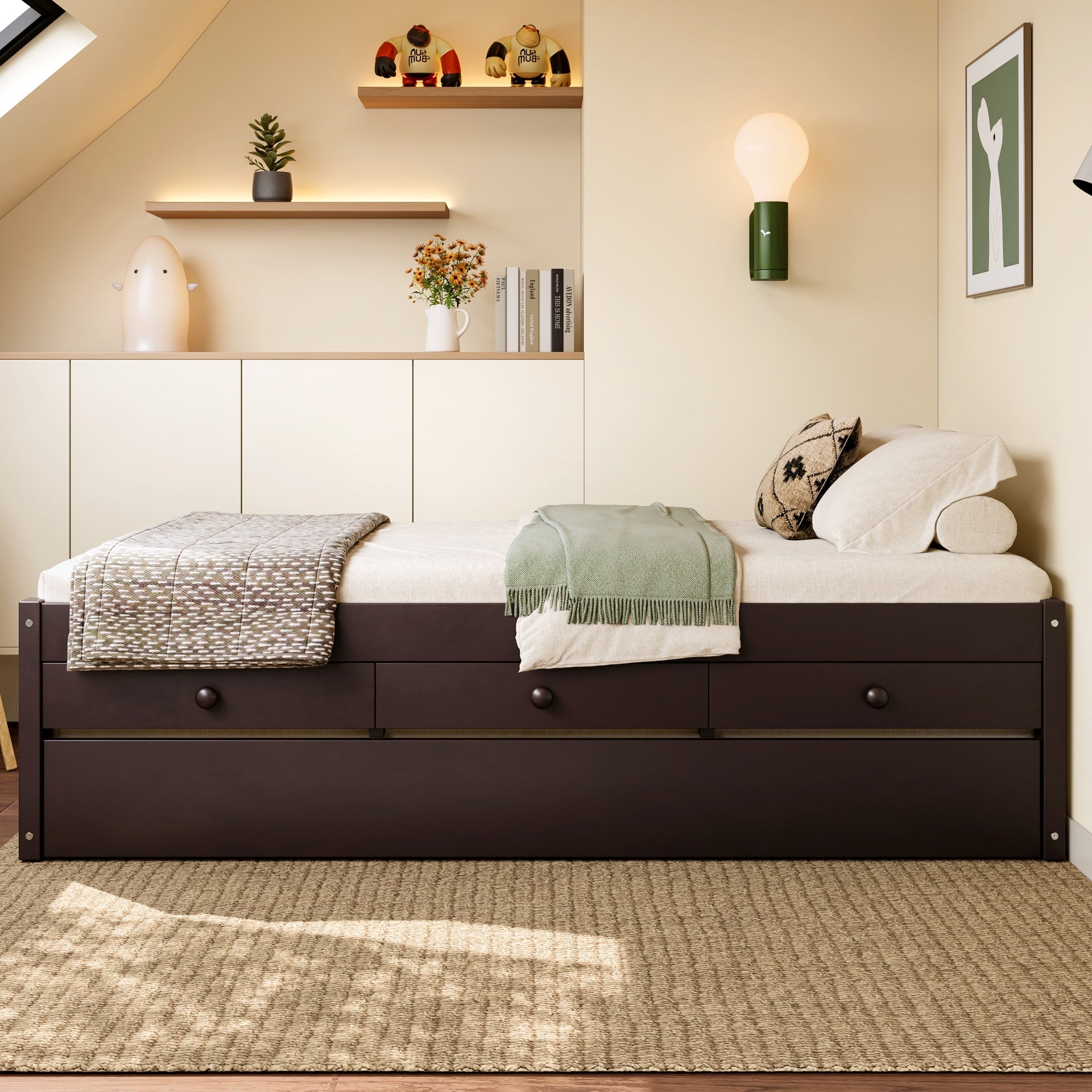 Twin Platform Bed with Trundle and 2 drawers,SolidWood Beds with Power strip,Espresso