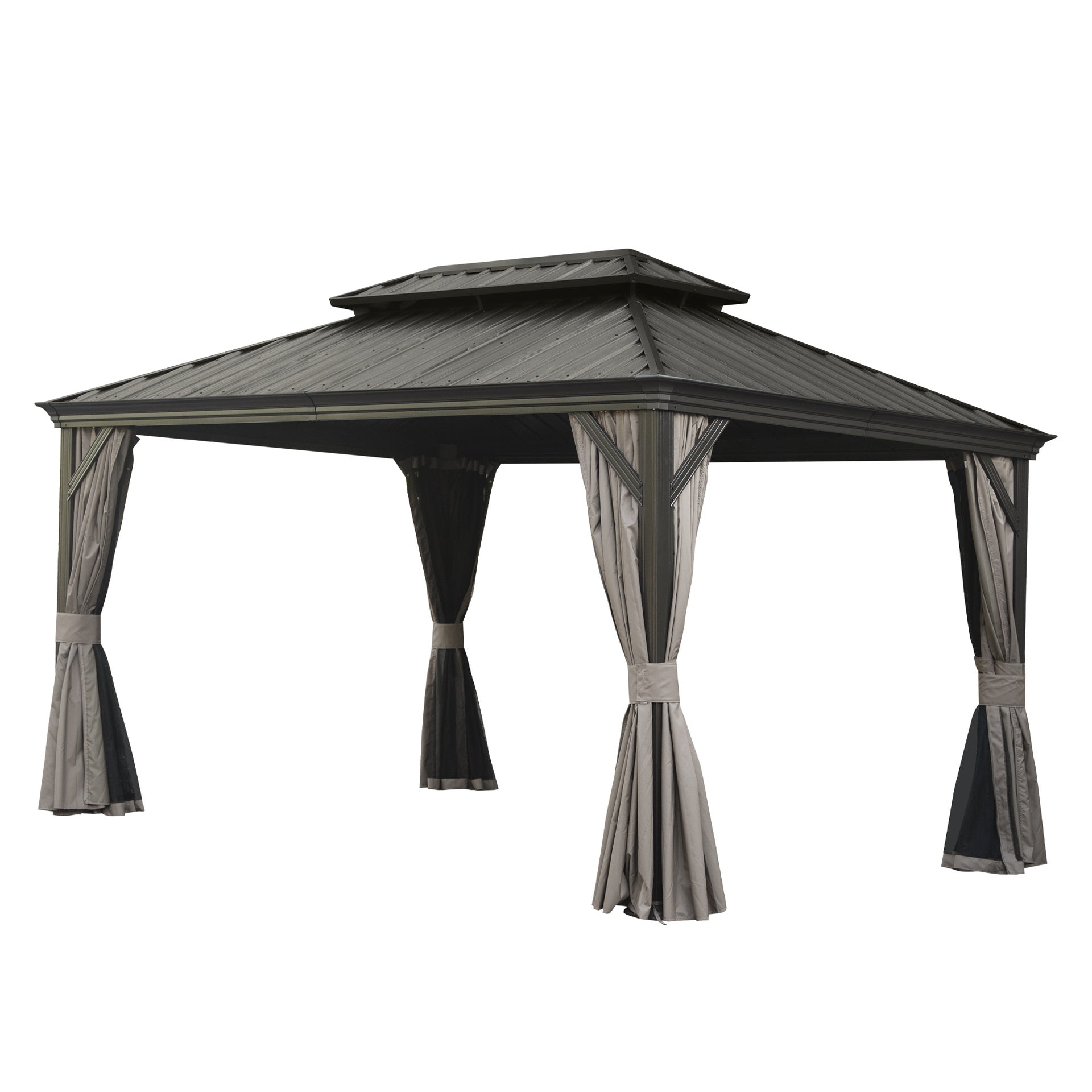 10' X 14' Hardtop Gazebo, Upgraded Metal Gazebo with Drainage System, Dual-Layer Galvanized Steel Roof, Curtain and Netting, Outdoor Shelter Canopy for Patio, Garden, and Backyard, Brown