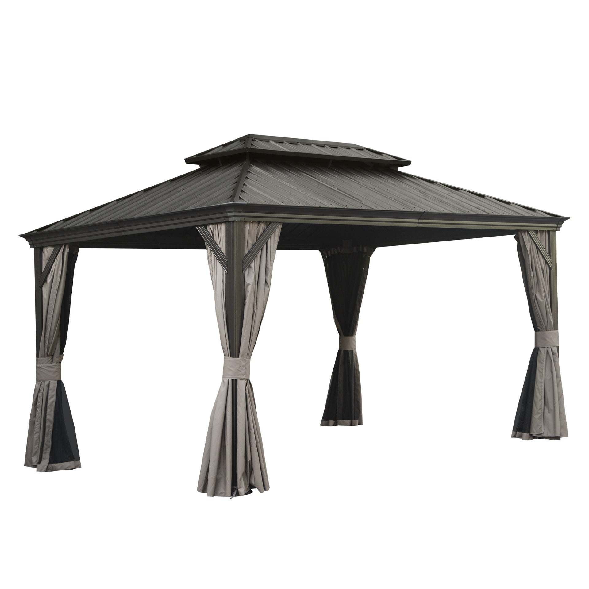 10' X 14' Hardtop Gazebo, Upgraded Metal Gazebo with Drainage System, Dual-Layer Galvanized Steel Roof, Curtain and Netting, Outdoor Shelter Canopy for Patio, Garden, and Backyard, Brown