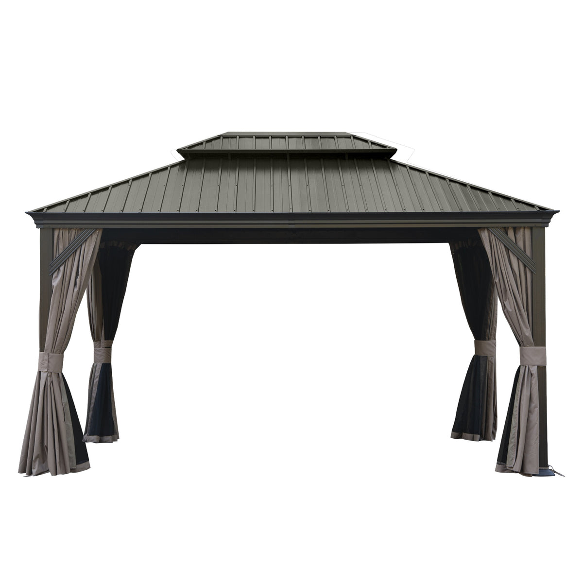 10' X 14' Hardtop Gazebo, Upgraded Metal Gazebo with Drainage System, Dual-Layer Galvanized Steel Roof, Curtain and Netting, Outdoor Shelter Canopy for Patio, Garden, and Backyard, Brown