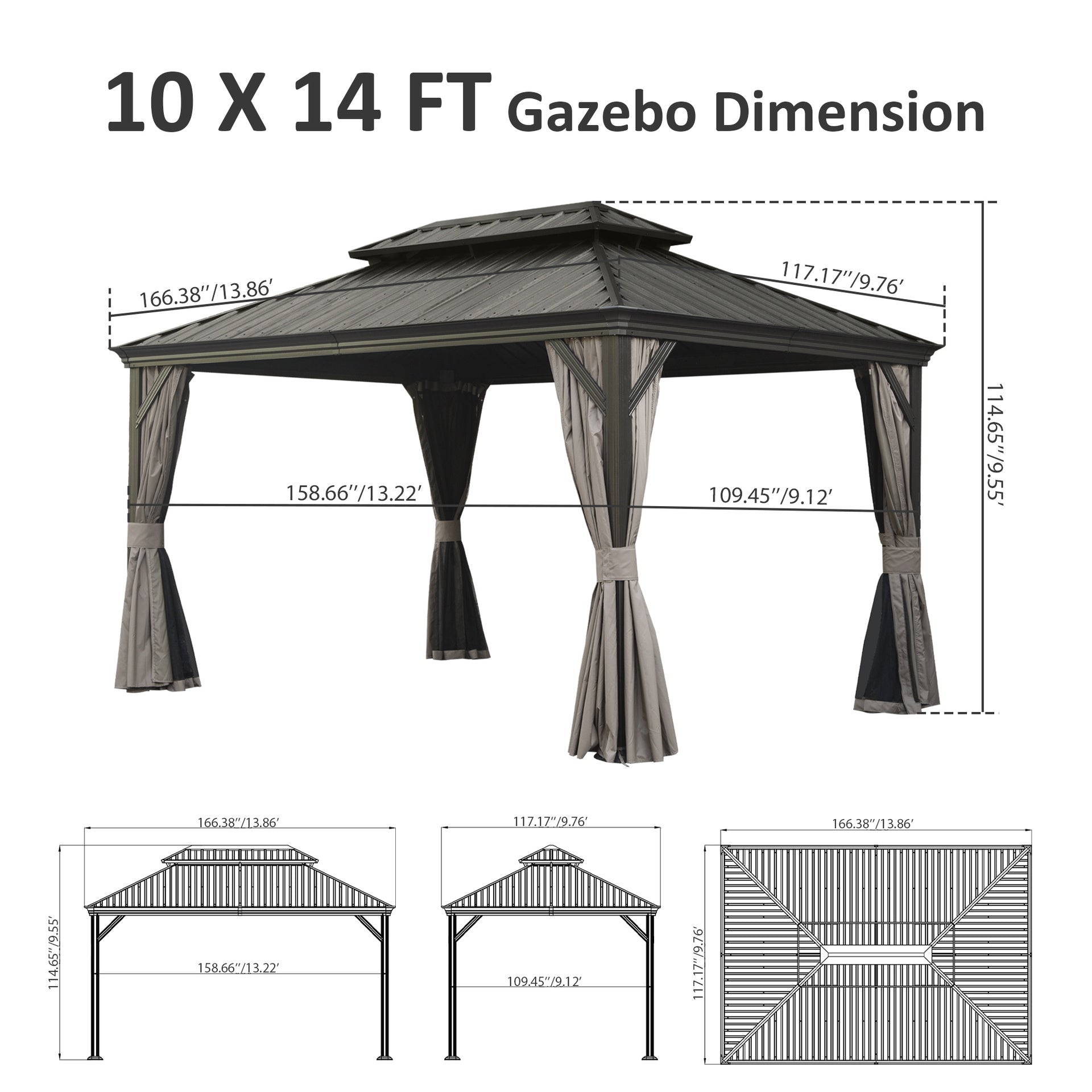10' X 14' Hardtop Gazebo, Upgraded Metal Gazebo with Drainage System, Dual-Layer Galvanized Steel Roof, Curtain and Netting, Outdoor Shelter Canopy for Patio, Garden, and Backyard, Brown