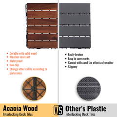 Acacia Wood Interlocking Deck Tiles Striped Pattern, 20 PCS  12" x 12" Square Acacia Hardwood Outdoor Flooring for Patio, Bancony, Pool Side,...