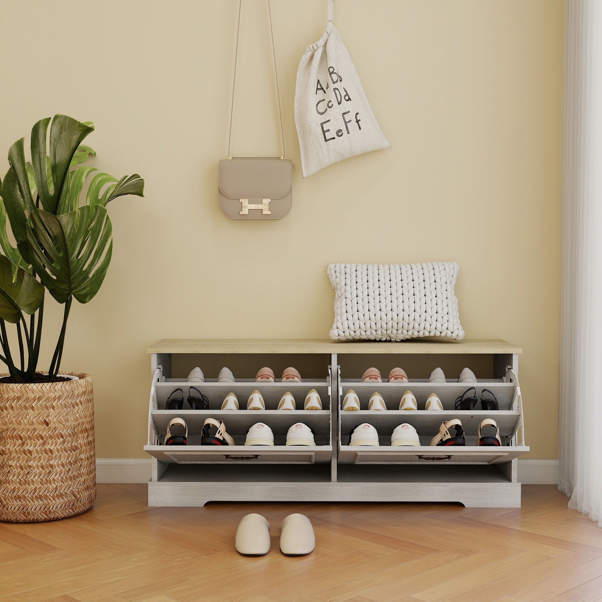 Shoe Storage Bench with 2 Flip Drawers and Adjustable Shelf for Entryway, Hallway, Bedroom-Antique White