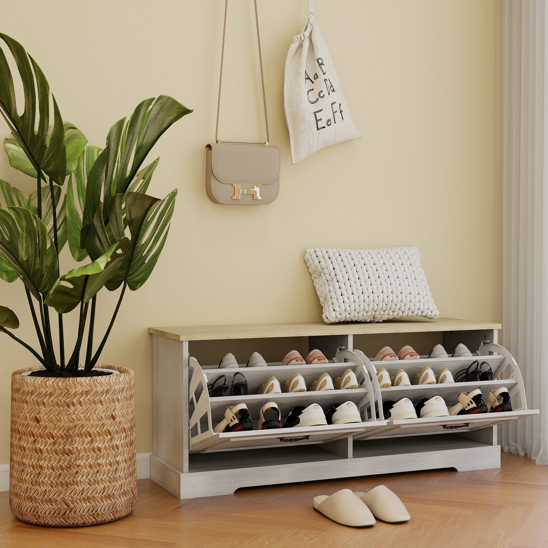Shoe Storage Bench with 2 Flip Drawers and Adjustable Shelf for Entryway, Hallway, Bedroom-Antique White