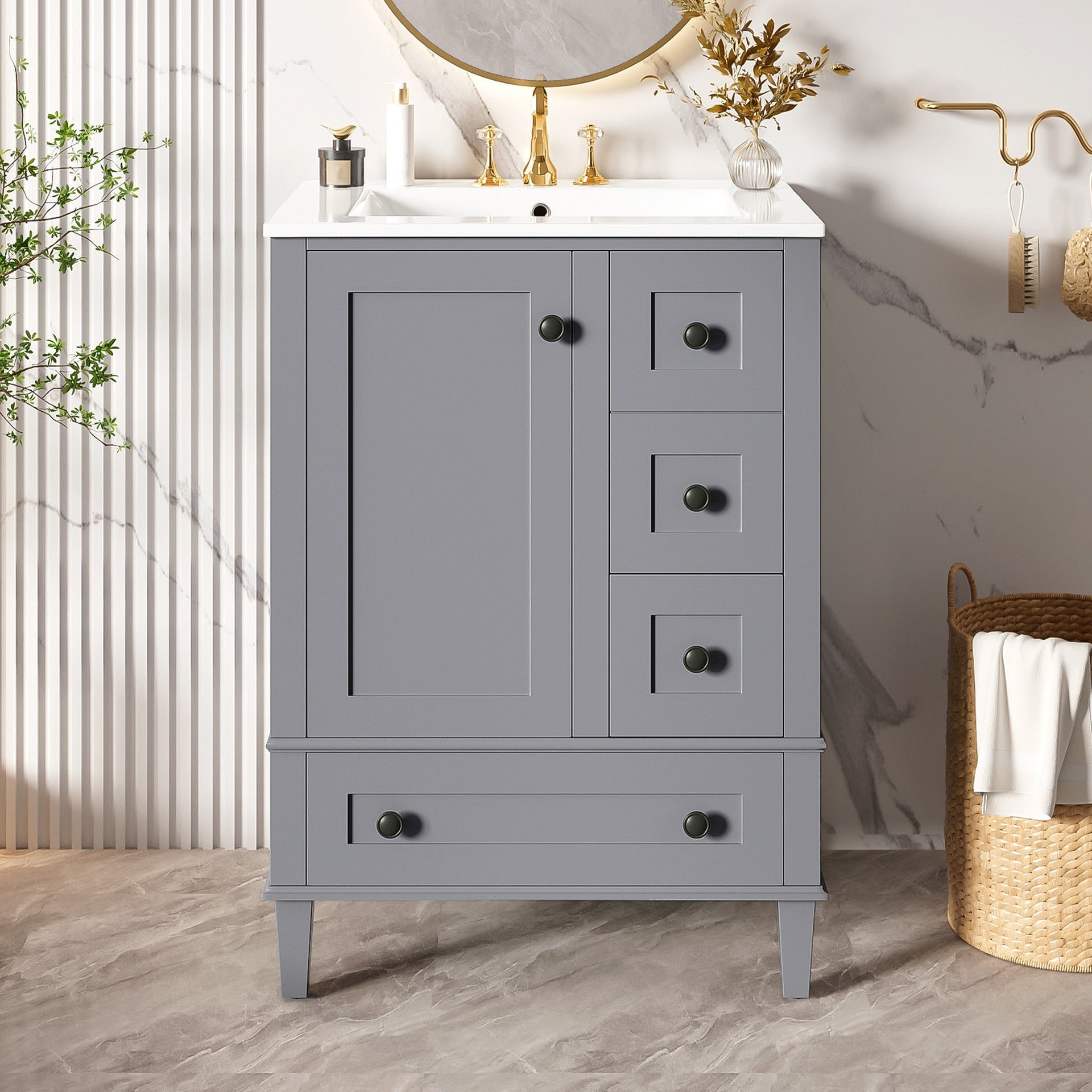 24-inch gray bathroom vanity with an integrated ceramic basin, featuring a door-mounted double-layer shelf, soft-close drawers, and a soft-close cabinet door.