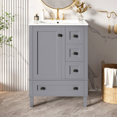 24-inch gray bathroom vanity with an integrated ceramic basin, featuring a door-mounted double-layer shelf, soft-close drawers, and a soft-close cabinet door.