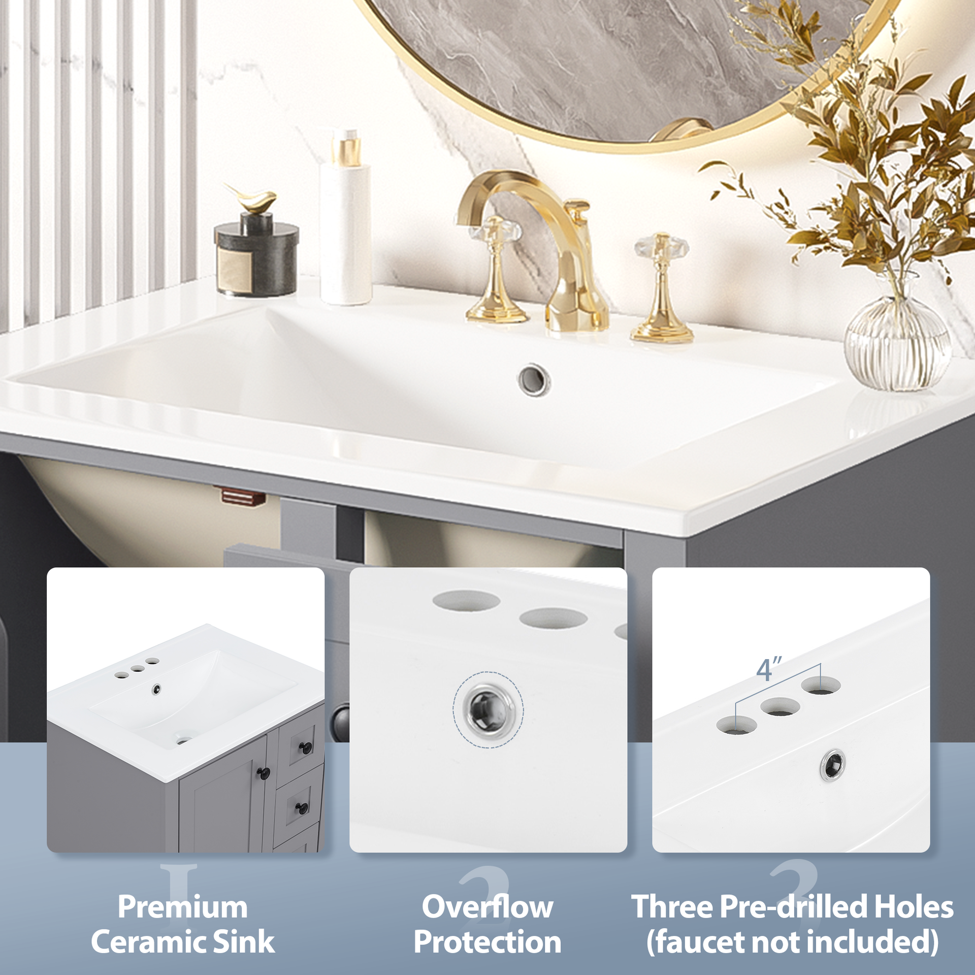 24-inch gray bathroom vanity with an integrated ceramic basin, featuring a door-mounted double-layer shelf, soft-close drawers, and a soft-close cabinet door.