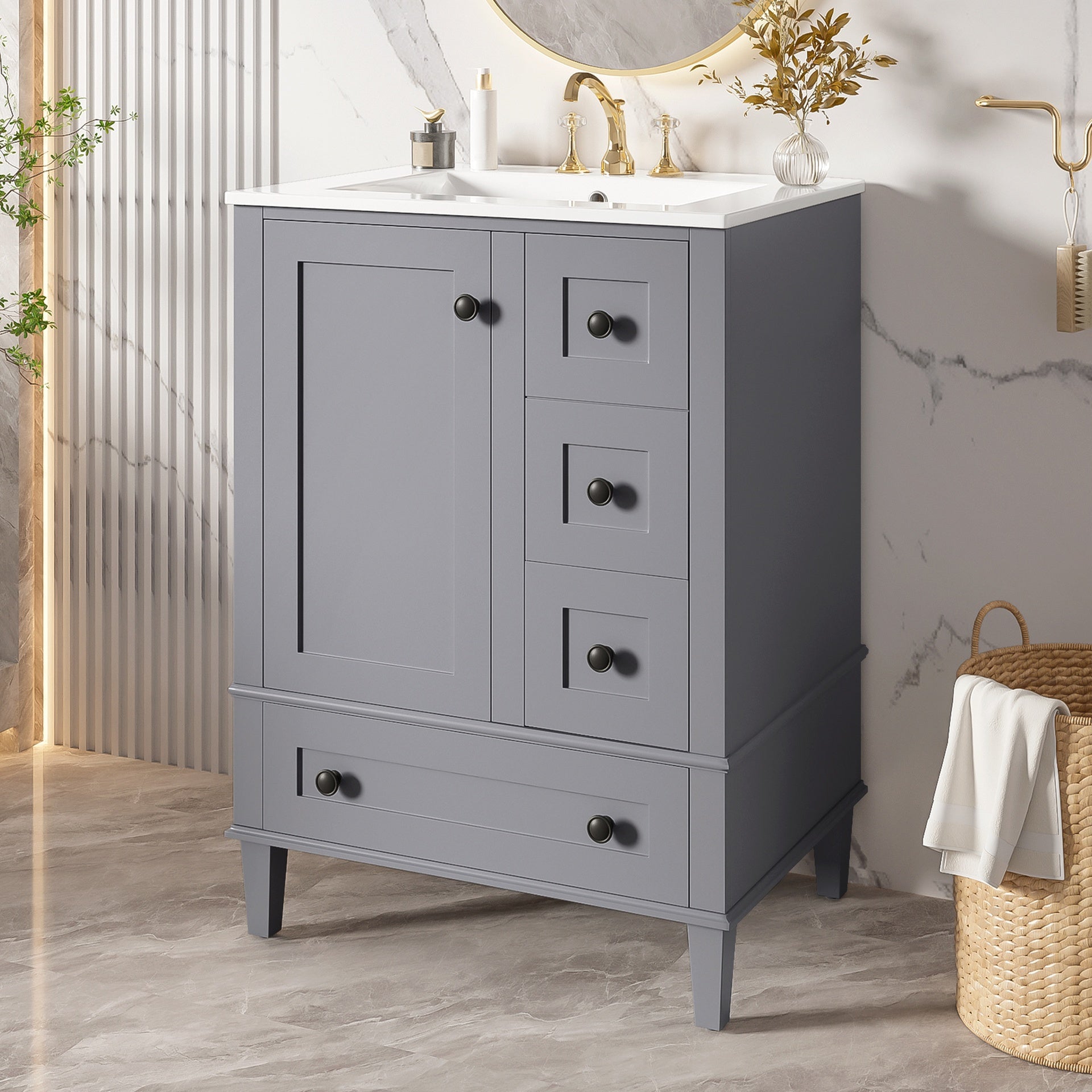 24-inch gray bathroom vanity with an integrated ceramic basin, featuring a door-mounted double-layer shelf, soft-close drawers, and a soft-close cabinet door.