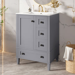 24-inch gray bathroom vanity with an integrated ceramic basin, featuring a door-mounted double-layer shelf, soft-close drawers, and a soft-close cabinet door.