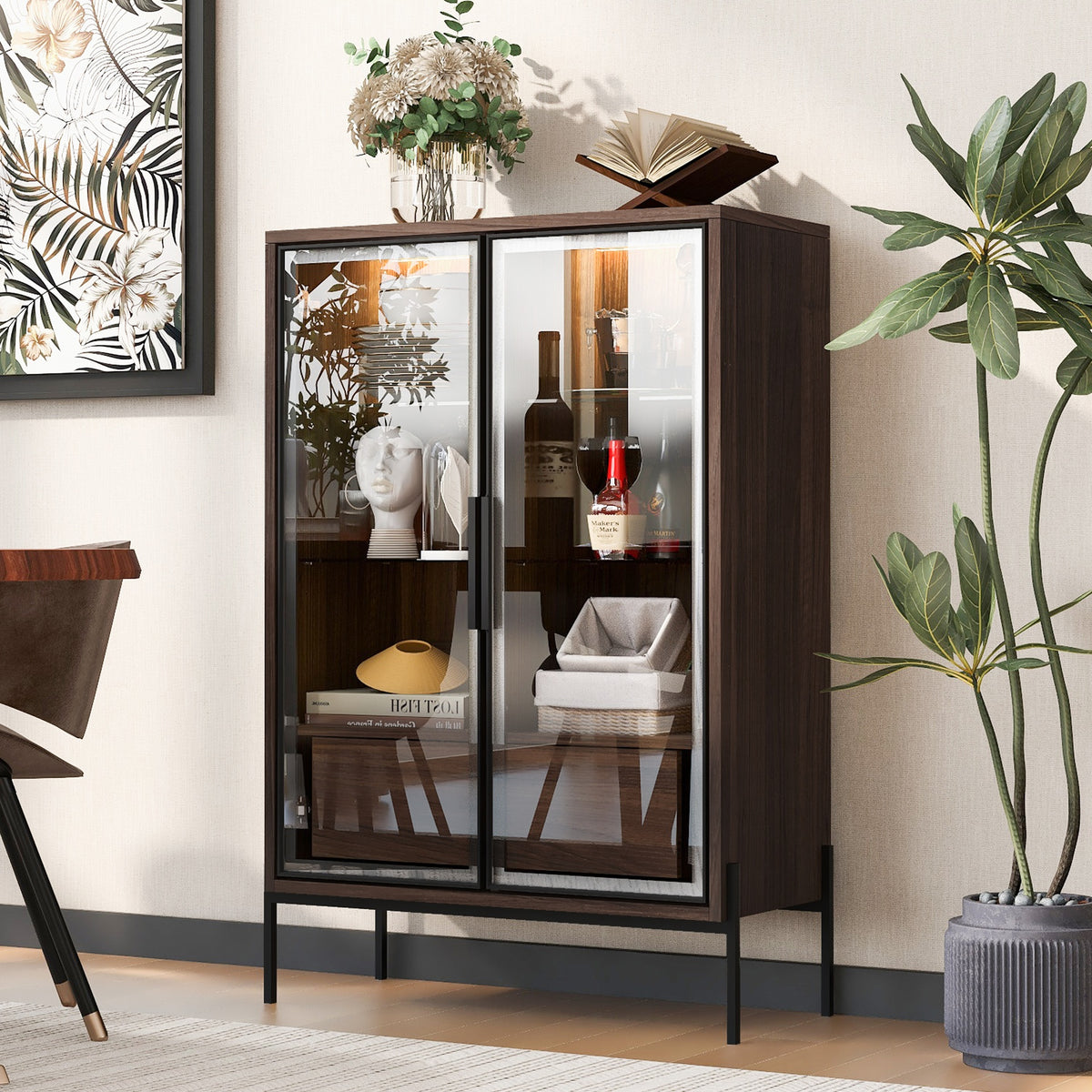 51.2'' Freestanding Display Cabinet, Pantry with 2 Storage Drawers and Glass Doors, Curio Cabinet with 4-Tier Adjustable Shelves and LED light, for Living Room, Kitchen, Office - Walnut