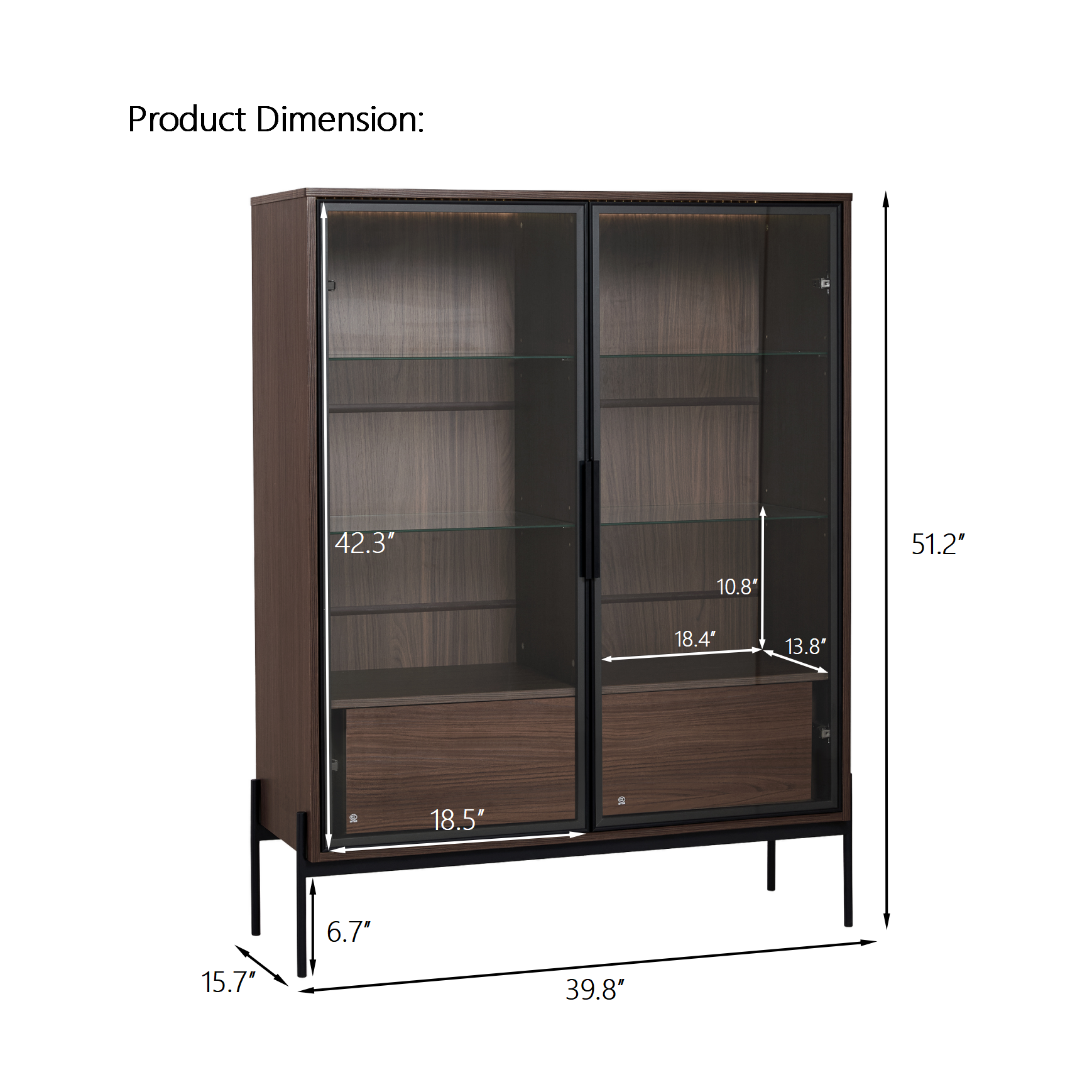 51.2'' Freestanding Display Cabinet, Pantry with 2 Storage Drawers and Glass Doors, Curio Cabinet with 4-Tier Adjustable Shelves and LED light, for Living Room, Kitchen, Office - Walnut