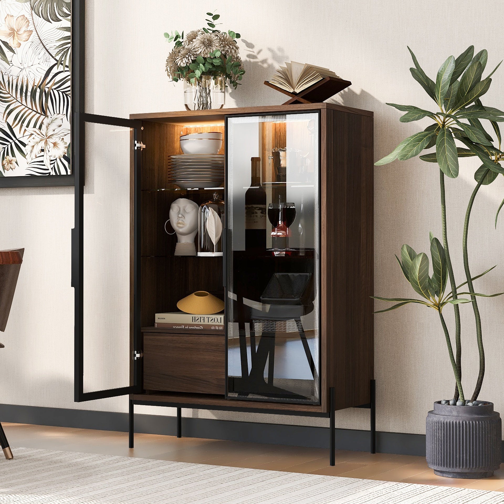 51.2'' Freestanding Display Cabinet, Pantry with 2 Storage Drawers and Glass Doors, Curio Cabinet with 4-Tier Adjustable Shelves and LED light, for Living Room, Kitchen, Office - Walnut