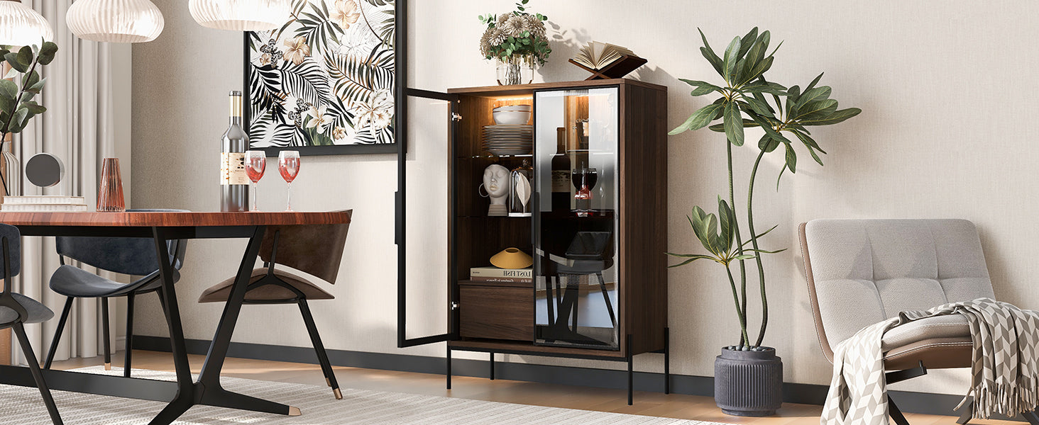 51.2'' Freestanding Display Cabinet, Pantry with 2 Storage Drawers and Glass Doors, Curio Cabinet with 4-Tier Adjustable Shelves and LED light, for Living Room, Kitchen, Office - Walnut