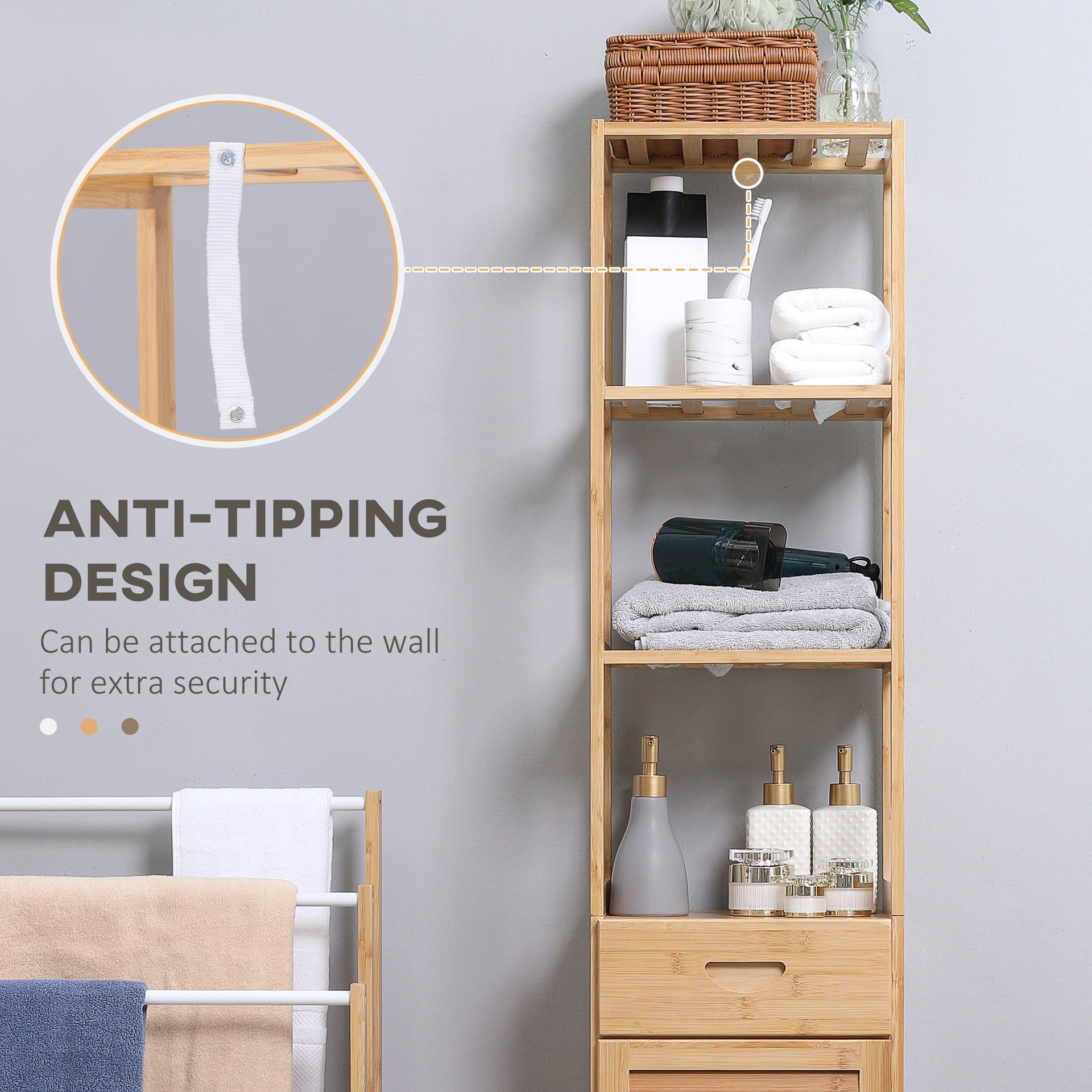 kleankin Tall Bathroom Cabinet with Drawer and Slatted Shelves, Slim Bamboo Linen Tower with Louvered Door, Natural