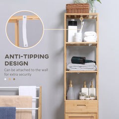 kleankin Tall Bathroom Cabinet with Drawer and Slatted Shelves, Slim Bamboo Linen Tower with Louvered Door, Natural