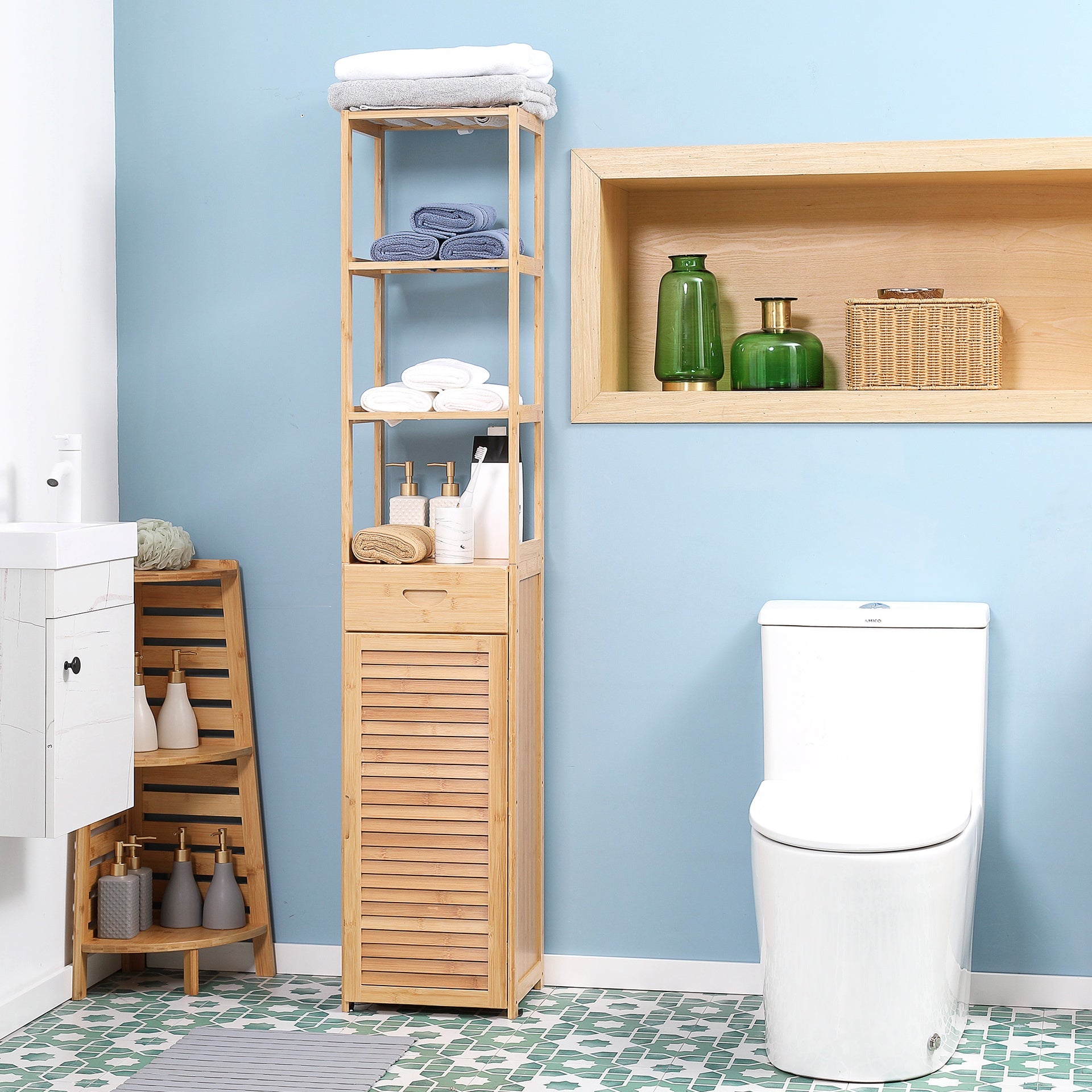 kleankin Tall Bathroom Cabinet with Drawer and Slatted Shelves, Slim Bamboo Linen Tower with Louvered Door, Natural