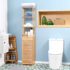 kleankin Tall Bathroom Cabinet with Drawer and Slatted Shelves, Slim Bamboo Linen Tower with Louvered Door, Natural