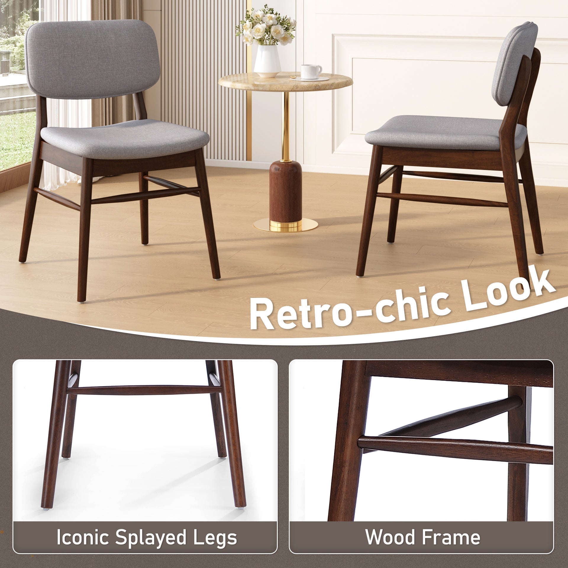 Set of 2 Mid - Century Upholstered Dining Chair with Rubberwood Frame, Walnut+Light Gray (same sku: 59302.00DBEI)