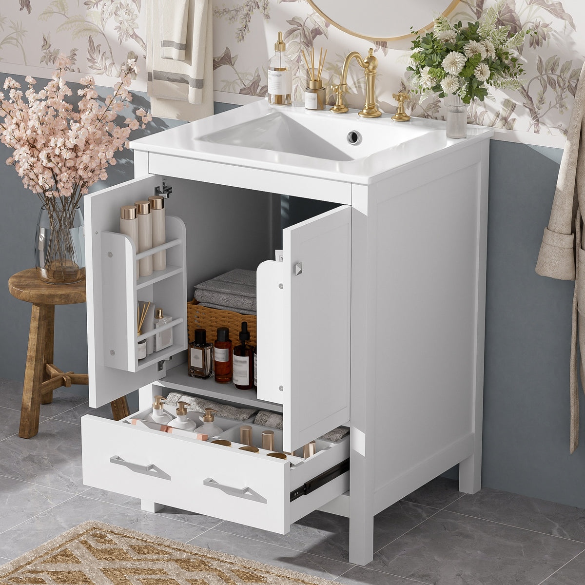 24-inch  bathroom vanity with integrated undermount basin and a storage cabinet featuring 2 doors and 1 drawer. Includes double-layer door shelf, soft-close design, and versatile storage solutions