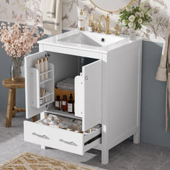 24-inch  bathroom vanity with integrated undermount basin and a storage cabinet featuring 2 doors and 1 drawer. Includes double-layer door shelf, soft-close design, and versatile storage solutions