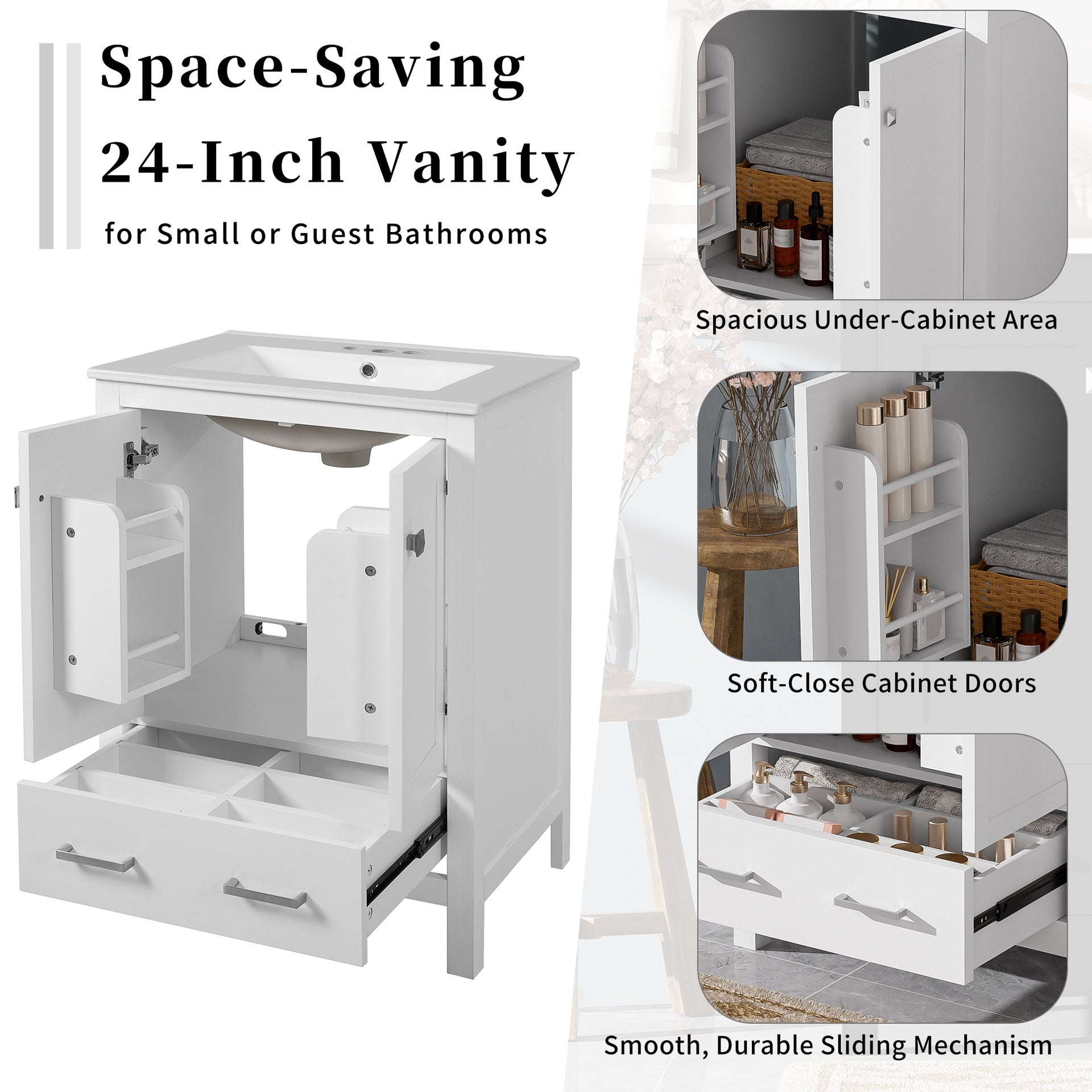24-inch  bathroom vanity with integrated undermount basin and a storage cabinet featuring 2 doors and 1 drawer. Includes double-layer door shelf, soft-close design, and versatile storage solutions