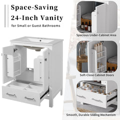 24-inch  bathroom vanity with integrated undermount basin and a storage cabinet featuring 2 doors and 1 drawer. Includes double-layer door shelf, soft-close design, and versatile storage solutions