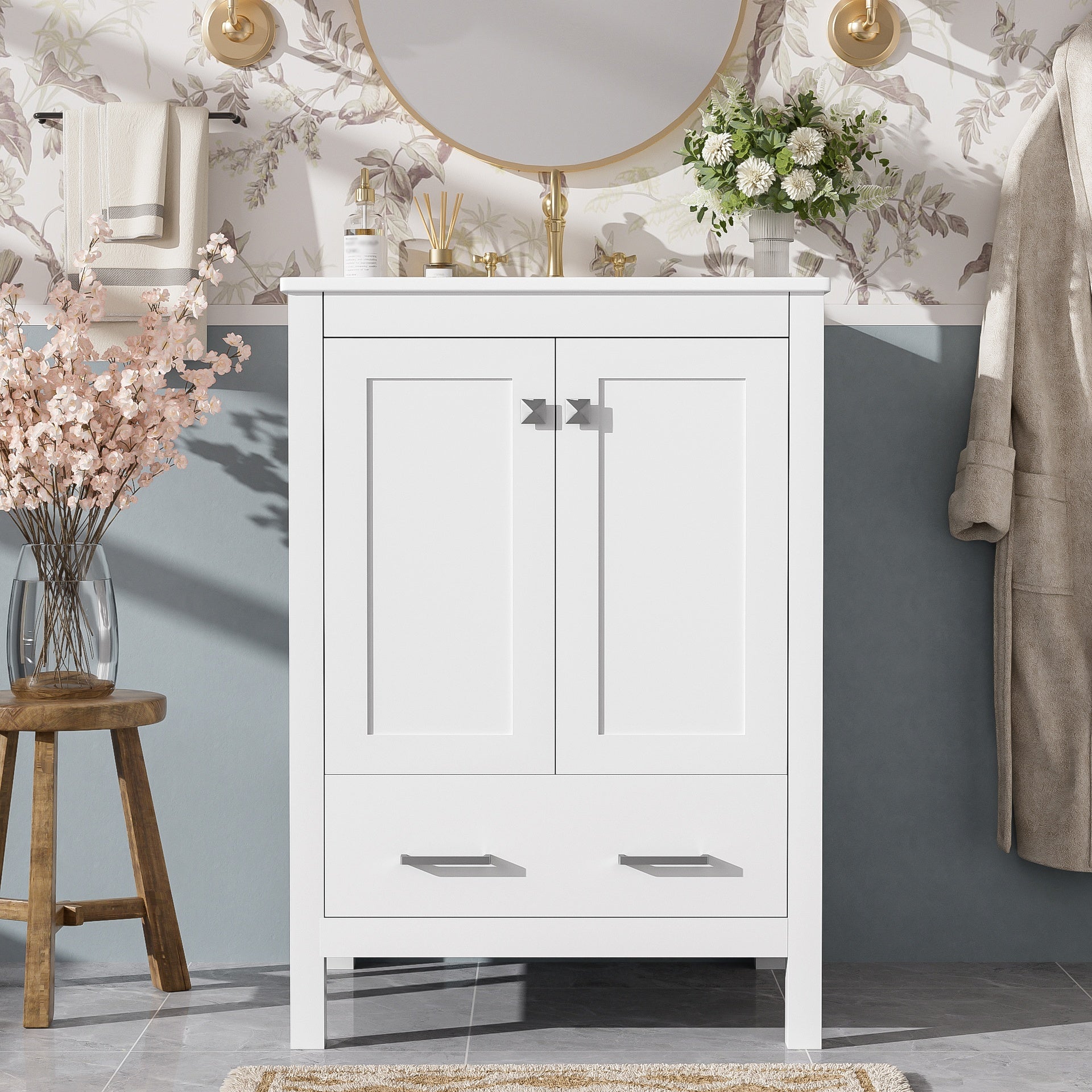 24-inch  bathroom vanity with integrated undermount basin and a storage cabinet featuring 2 doors and 1 drawer. Includes double-layer door shelf, soft-close design, and versatile storage solutions