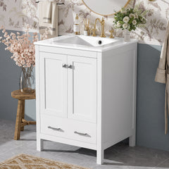 24-inch  bathroom vanity with integrated undermount basin and a storage cabinet featuring 2 doors and 1 drawer. Includes double-layer door shelf, soft-close design, and versatile storage solutions