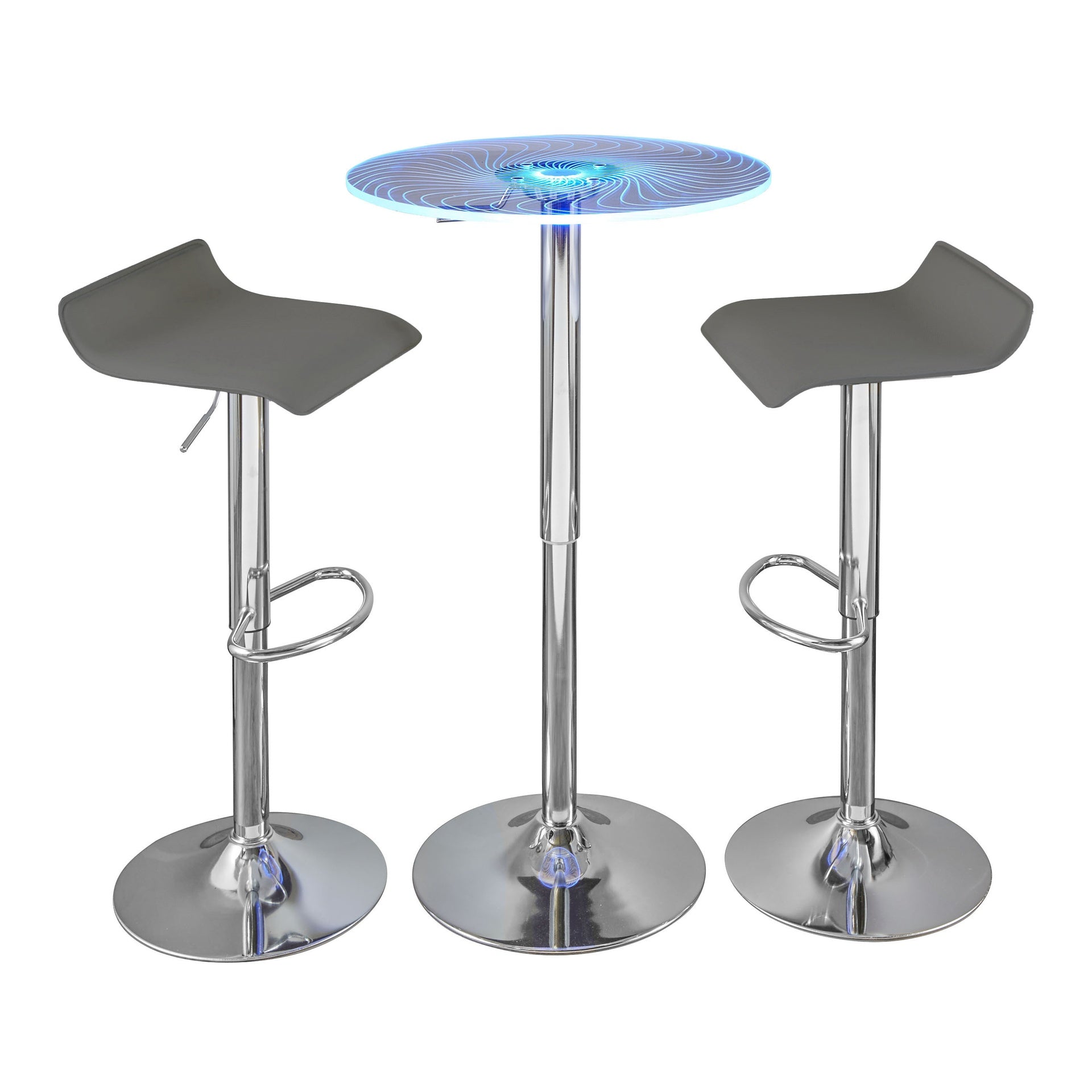 Spyra-Ale Contemporary Adjustable Bar Set in Chrome Metal, Clear Acrylic with Light Up Tabletop, and Grey PVC by LumiSource - 3 Piece