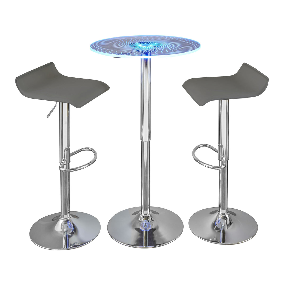 Spyra-Ale Contemporary Adjustable Bar Set in Chrome Metal, Clear Acrylic with Light Up Tabletop, and Grey PVC by LumiSource - 3 Piece