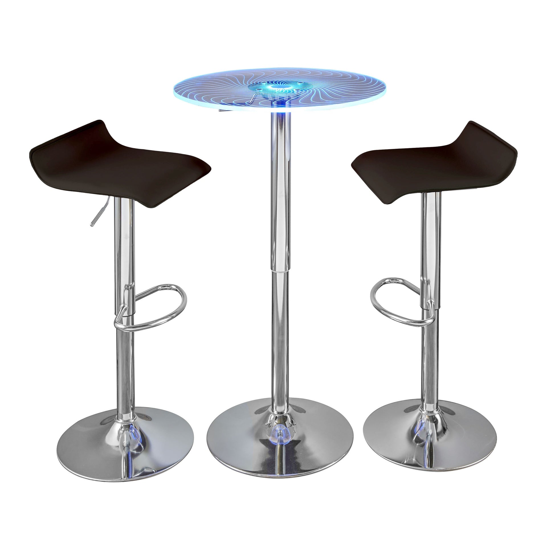 Spyra-Ale Contemporary Adjustable Bar Set in Chrome Metal, Clear Acrylic with Light Up Tabletop, and Brown PVC by LumiSource - 3 Piece