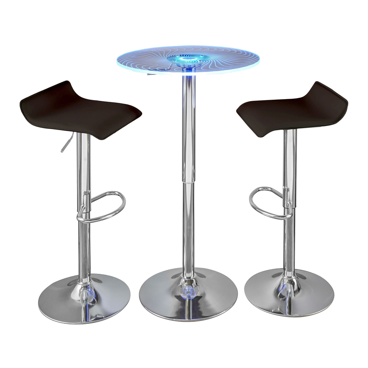 Spyra-Ale Contemporary Adjustable Bar Set in Chrome Metal, Clear Acrylic with Light Up Tabletop, and Brown PVC by LumiSource - 3 Piece