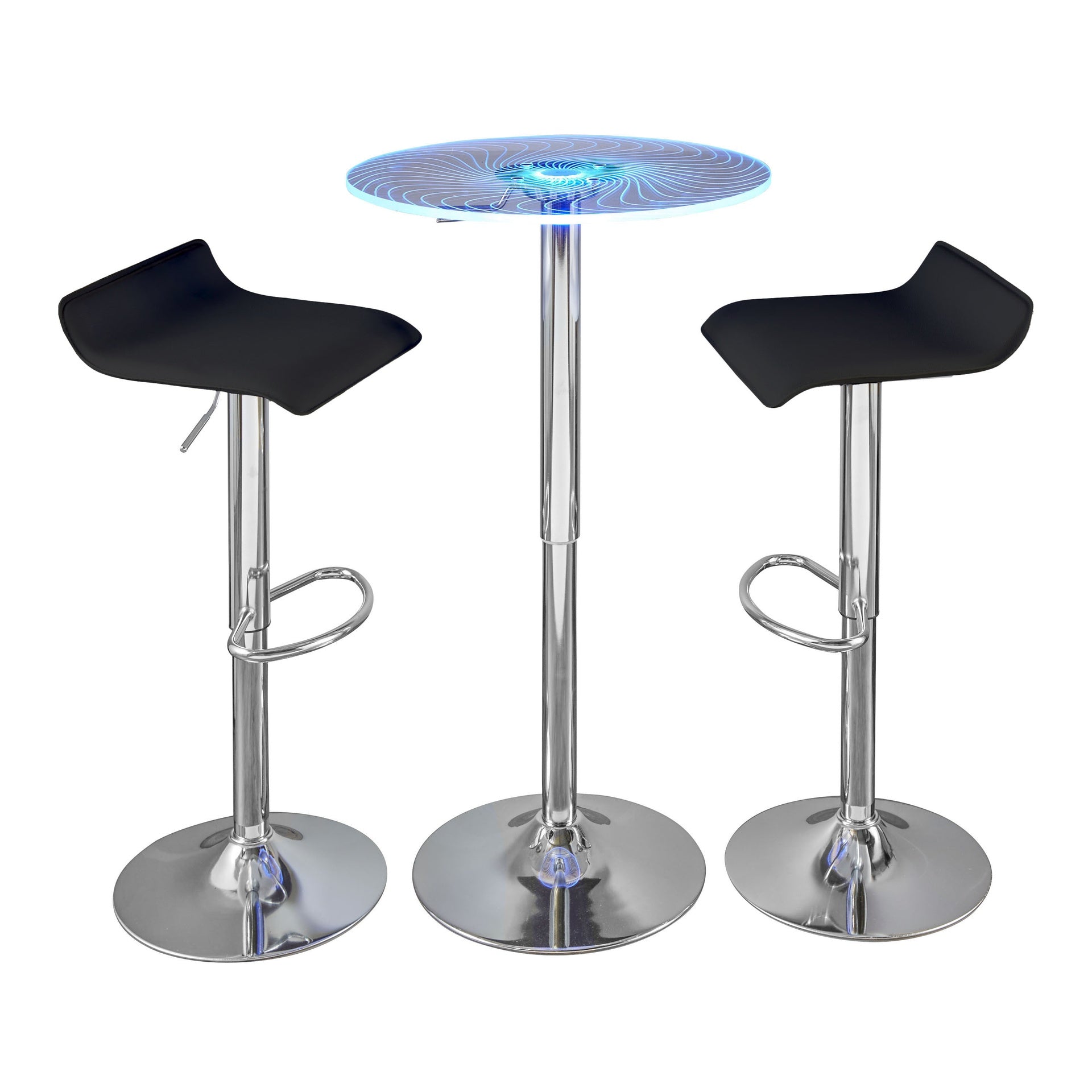 Spyra-Ale Contemporary Adjustable Bar Set in Chrome Metal, Clear Acrylic with Light Up Tabletop, and Black PVC by LumiSource - 3 Piece