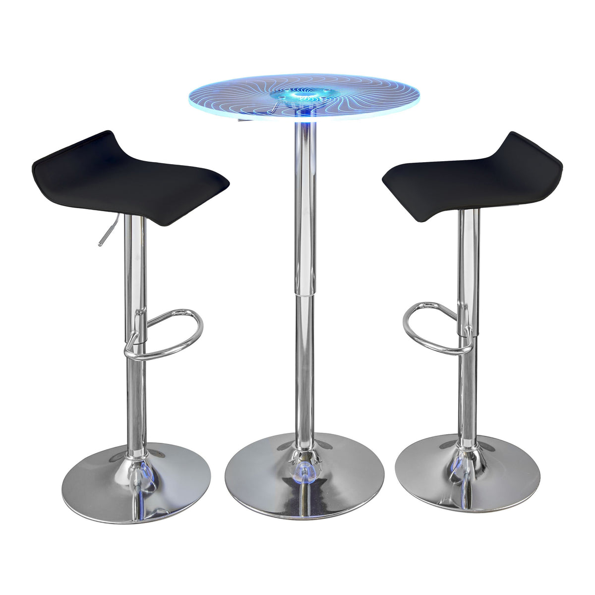 Spyra-Ale Contemporary Adjustable Bar Set in Chrome Metal, Clear Acrylic with Light Up Tabletop, and Black PVC by LumiSource - 3 Piece