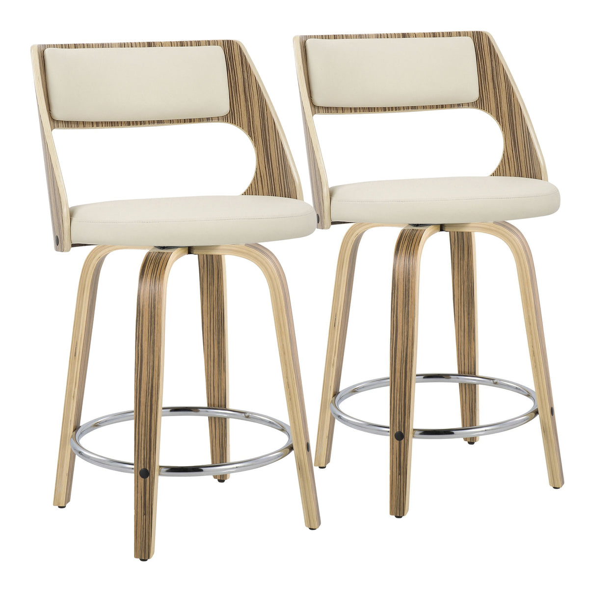 Cecina 24" Mid-Century Modern Fixed-Height Counter Stool with Swivel in Zebra Wood and Cream Faux Leather with Round Chrome Footrest by LumiSource - Set of 2