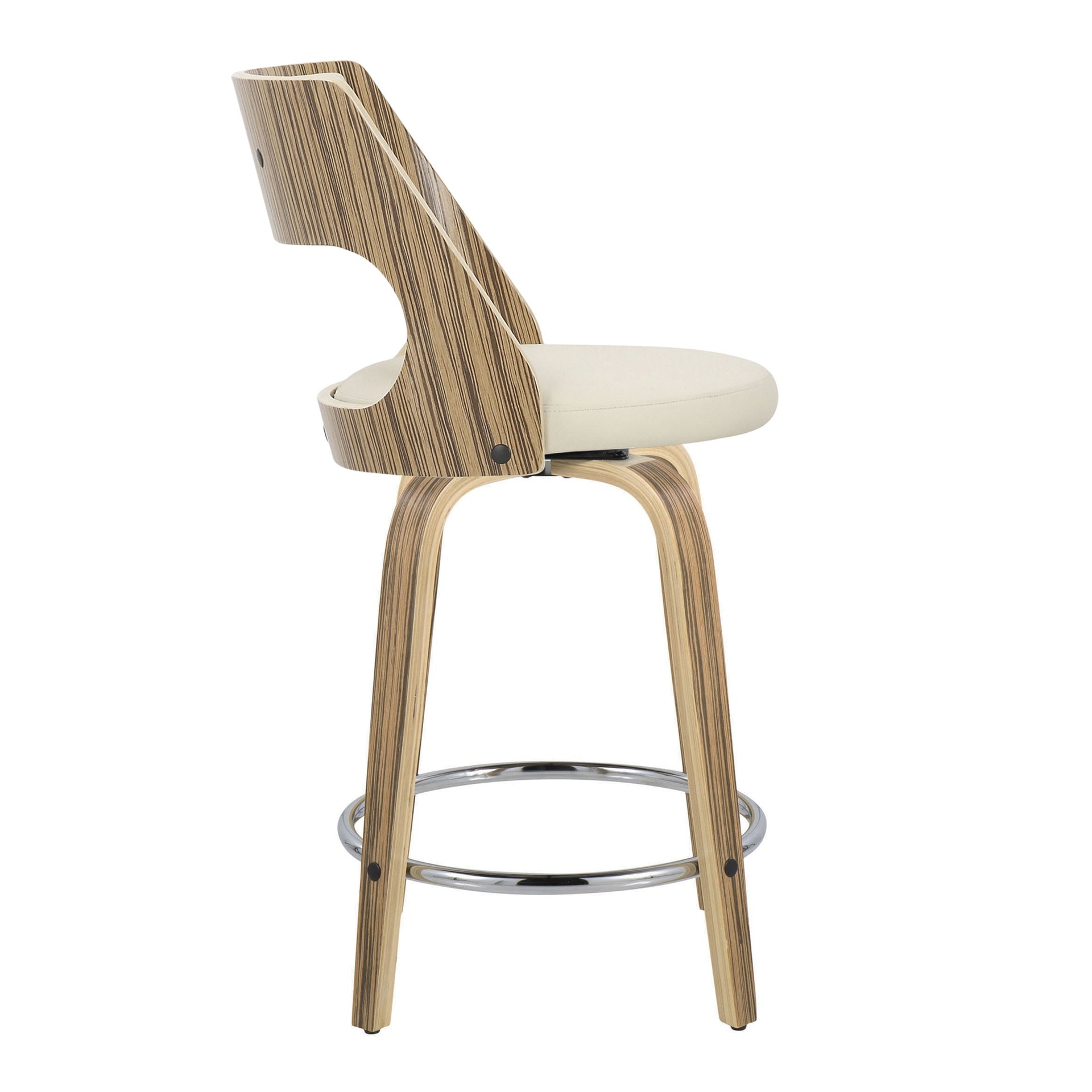 Cecina 24" Mid-Century Modern Fixed-Height Counter Stool with Swivel in Zebra Wood and Cream Faux Leather with Round Chrome Footrest by LumiSource - Set of 2