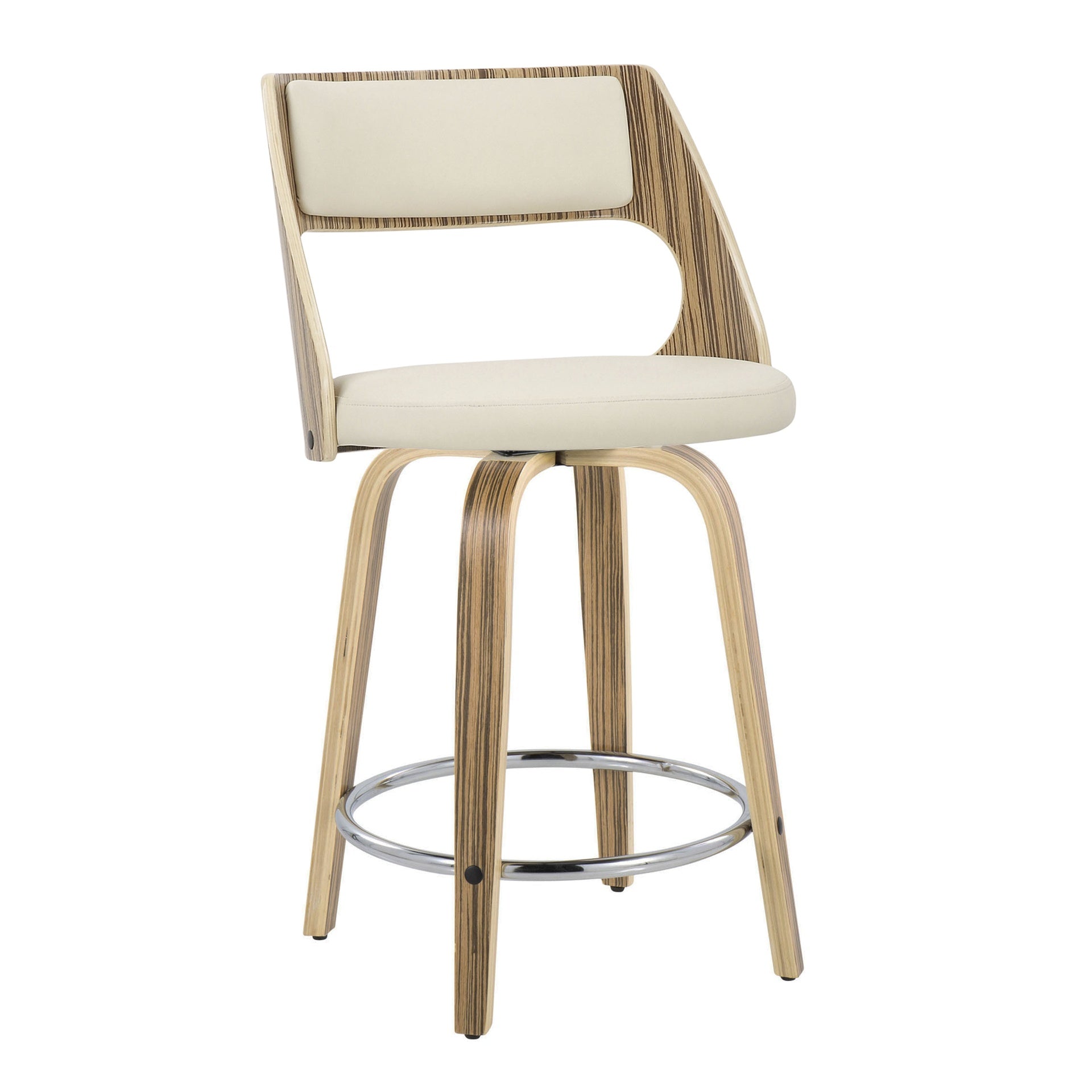 Cecina 24" Mid-Century Modern Fixed-Height Counter Stool with Swivel in Zebra Wood and Cream Faux Leather with Round Chrome Footrest by LumiSource - Set of 2