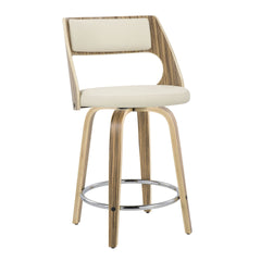 Cecina 24" Mid-Century Modern Fixed-Height Counter Stool with Swivel in Zebra Wood and Cream Faux Leather with Round Chrome Footrest by LumiSource - Set of 2
